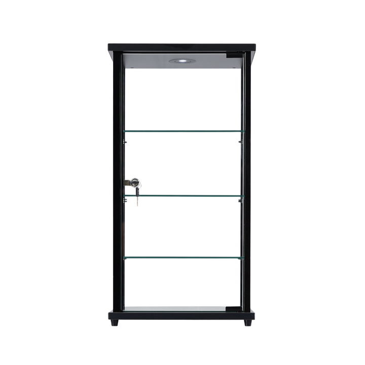 Secure display showcase – black aluminium frame with countertop glass surface, LED light and shelving