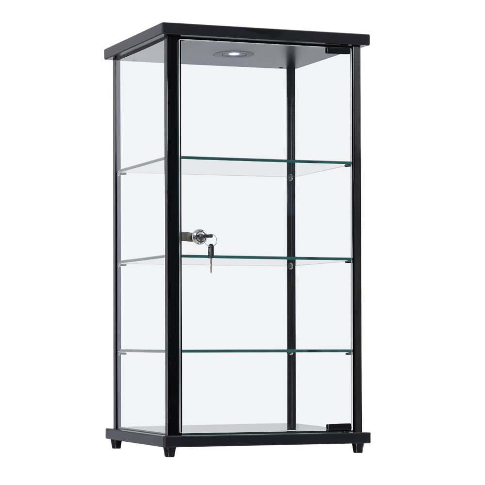 Premium Black Aluminium Glass Counter Top Lockable Tower Display Cabinet with 3 Shelves and LED Light Displaysense