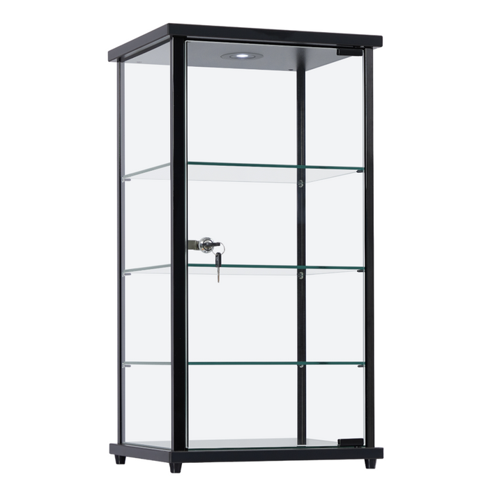 Black lockable showcase cabinet – aluminium frame with 3-shelf layout, glass counter top, and LED illumination