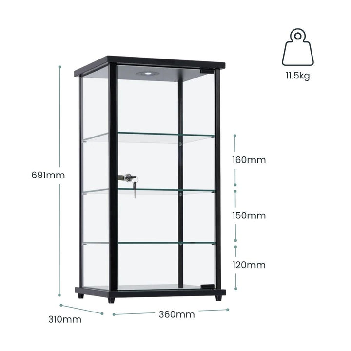 Premium black aluminium lockable display cabinet with glass shelves, LED light, glass countertop, and compact dimensions shown. 