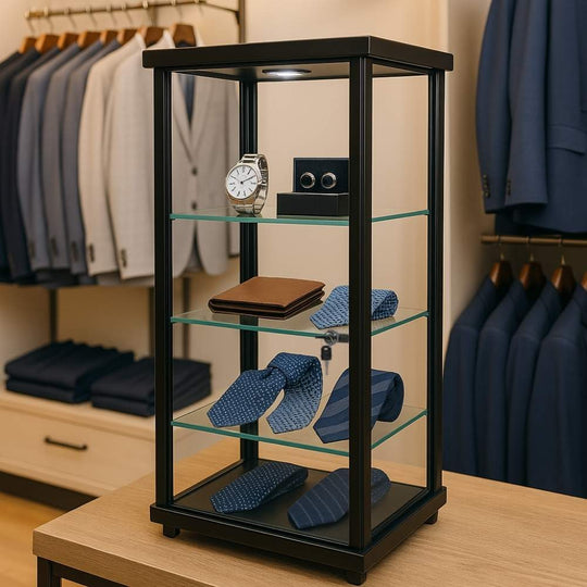 Premium Black Aluminium Lockable Display Cabinet Showcase With Glass Countertop, 3 Shelves and an LED Light