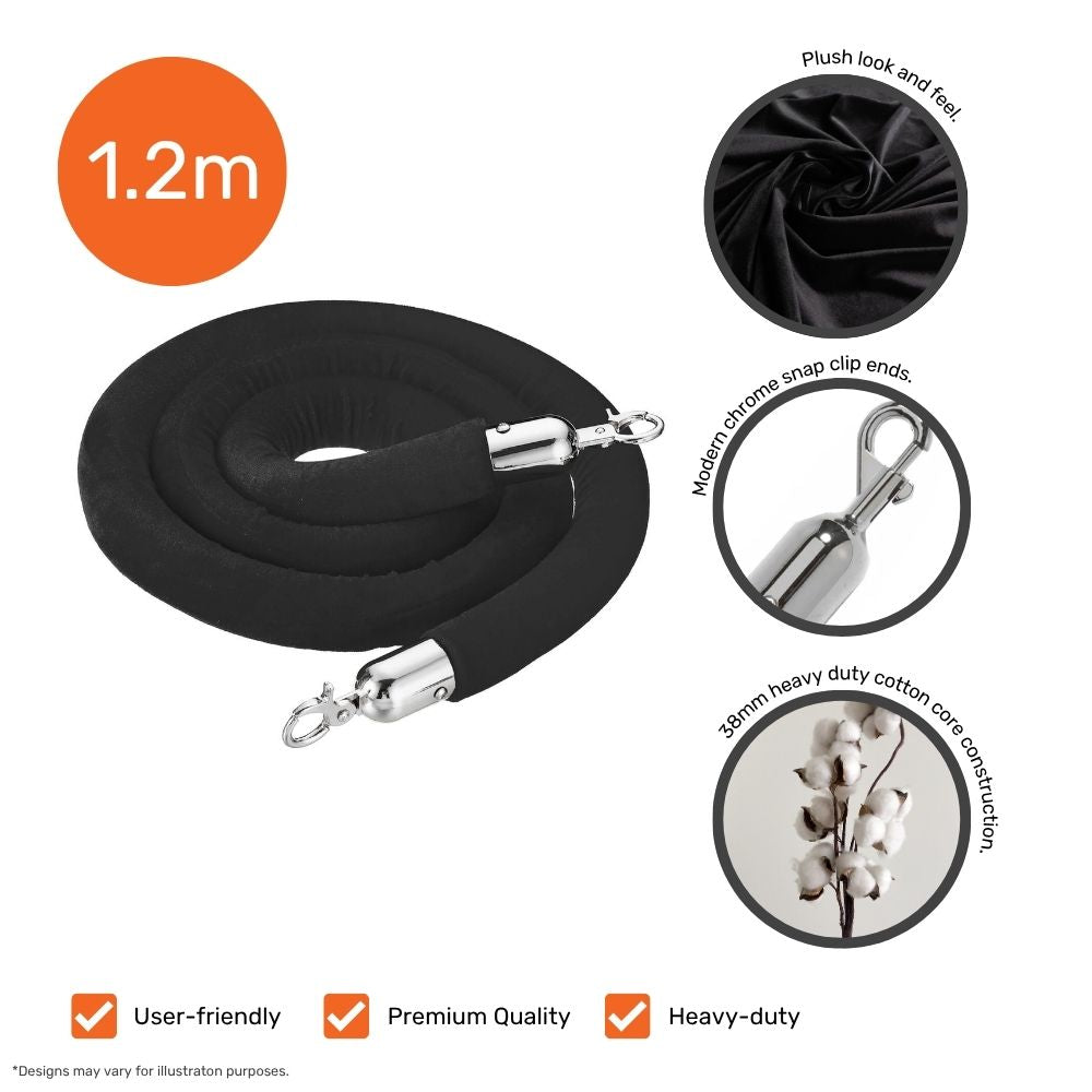 Detailed image of a 1.2m black velvet barrier rope showing plush fabric, heavy-duty cotton core, and chrome snap clips, ideal for professional event barriers.