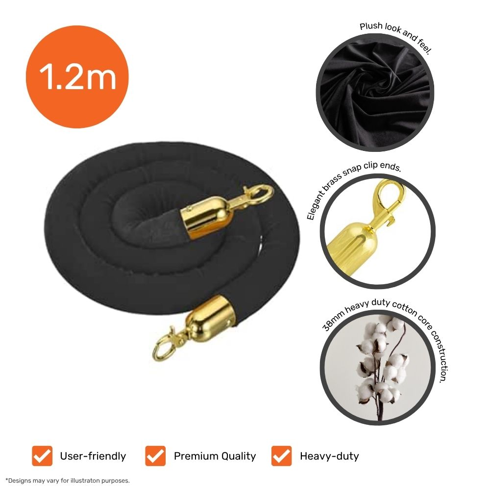 Detailed display of a 1.2m black velvet barrier rope with brass gold snap ends and heavy-duty cotton core, ideal for stylish crowd control barriers.