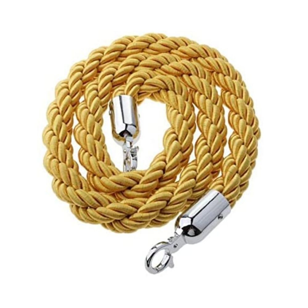 Premium gold braided barrier rope featuring durable chrome clips, ideal for VIP events, exhibitions, and upscale venues.