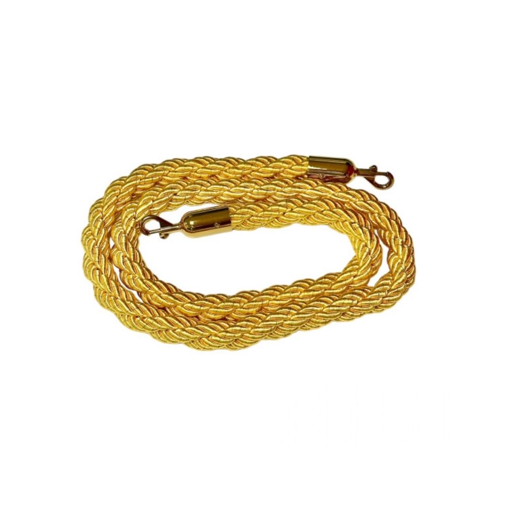 Premium gold braided queue rope featuring durable brass fittings, designed for high-end crowd control and event management.