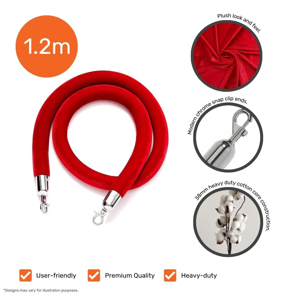  Close-up of 1.2m red velvet barrier rope featuring heavy-duty cotton core and chrome snap ends, designed for stylish queue barriers and VIP sections.