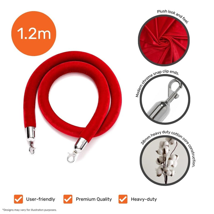  Close-up of 1.2m red velvet barrier rope featuring heavy-duty cotton core and chrome snap ends, designed for stylish queue barriers and VIP sections.