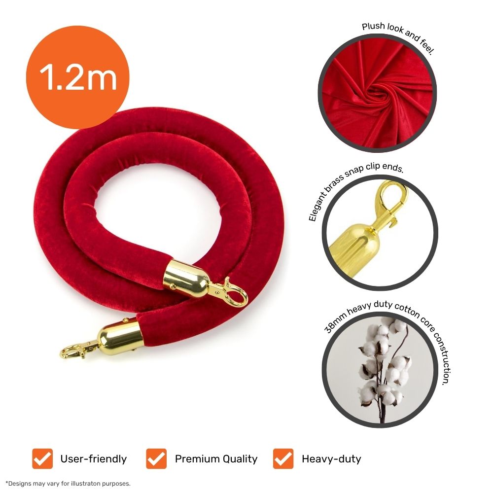 Close-up of 1.2m red velvet queue barrier rope featuring heavy-duty cotton core and gold hooks for upscale event management.