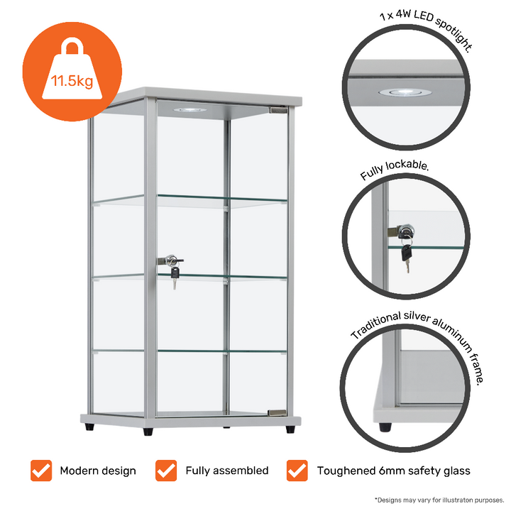 Countertop silver display cabinet – lockable unit with glass top, 3-tier shelving and built-in LED light