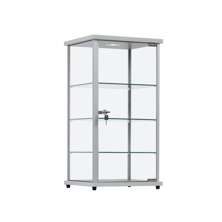 Silver glass showcase – aluminium-framed cabinet with 3 display shelves, LED spotlight and secure locking system