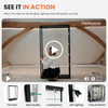 Step-by-step assembly video for a black double-door aluminium glass display cabinet with LED lighting, showing the frame, glass panels, lighting and shelves being fitted.