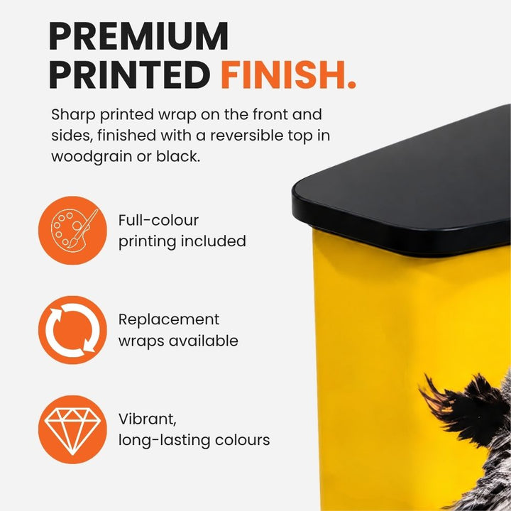 Close-up of the printed counter finish highlighting full-colour graphics and a reversible countertop with black and woodgrain sides.