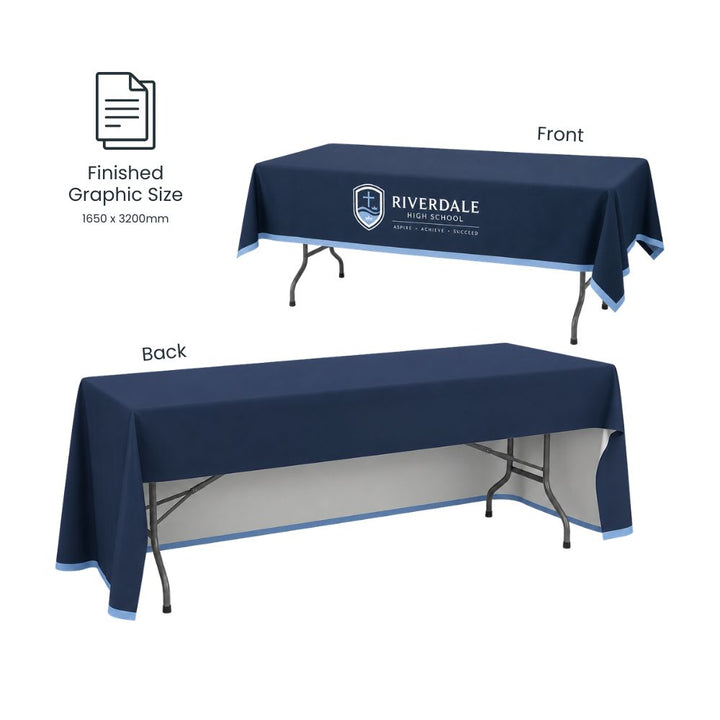 Front and back layout specifications for a custom printed navy tablecloth with finished graphic size measurements and branding placement.