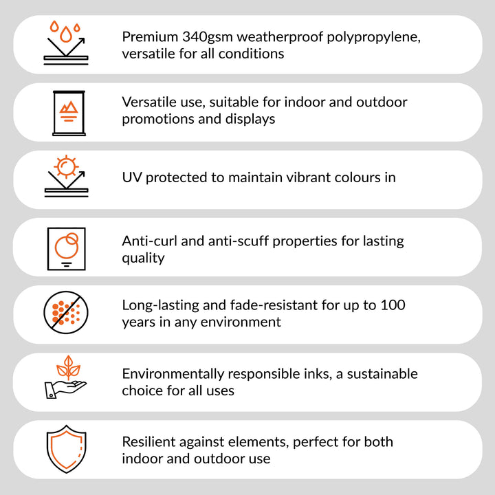 Professional banner printing service on 340gsm waterproof polypropylene, single sided
