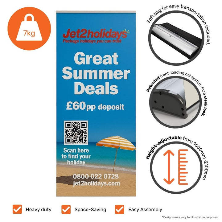 Promotional banner system with included carry bag, adjustable pole mechanism, and printed panel with summer offer message and QR code.

