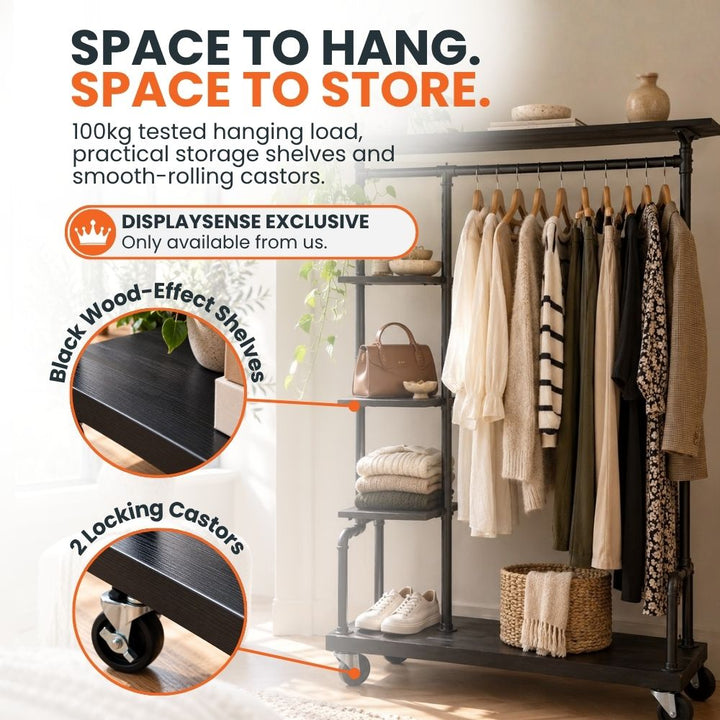 RA1030BK black clothes rail combining a 100kg tested hanging load with wood-effect storage shelves and two locking castors.