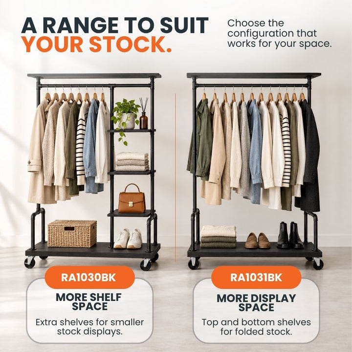 RA1030BK clothes rail compared with the RA1031BK configuration, contrasting additional side shelving with a wider garment display area.