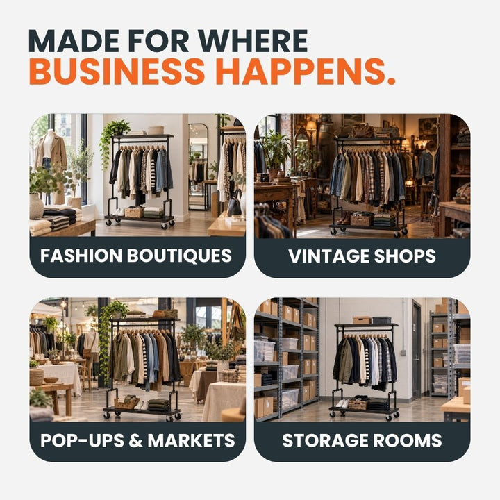 Black commercial clothes rail with top and bottom shelving pictured in fashion boutiques, vintage shops, pop-up markets and storage rooms.