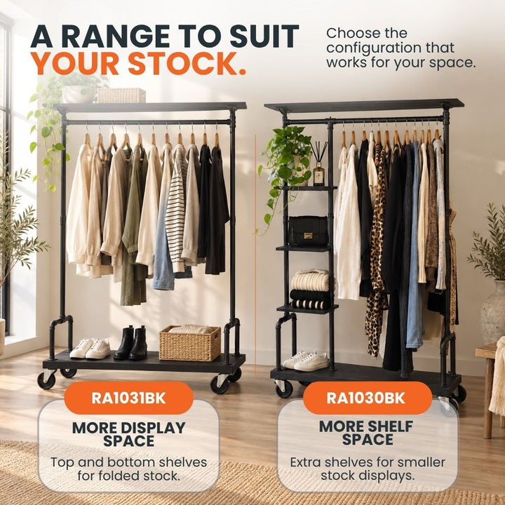 RA1031BK clothes rail compared with the RA1030BK, contrasting a wider garment display area with additional side shelving for smaller stock.