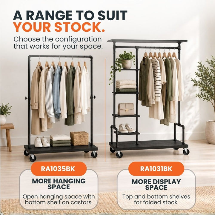 RA1035BK clothes rail compared with the RA1031BK, highlighting its open hanging area and black wood-effect bottom shelf on castors.