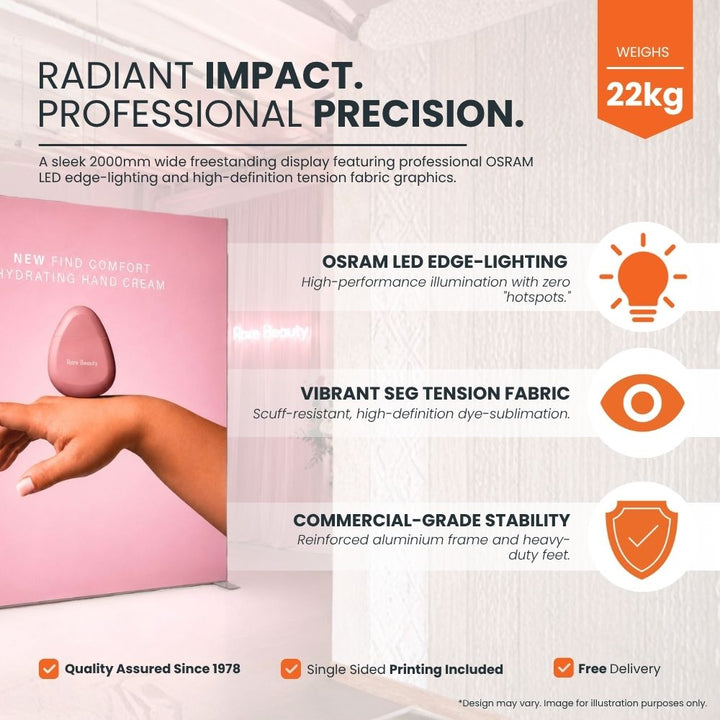 Radiant LED lightbox display featuring SEG tension fabric graphics, OSRAM LED edge-lighting and reinforced aluminium frame construction.