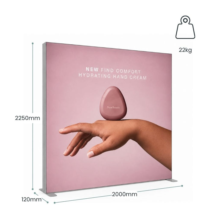 Rare Beauty freestanding lightbox display with annotated dimensions, 22kg weight specification and illuminated cosmetic campaign graphics.