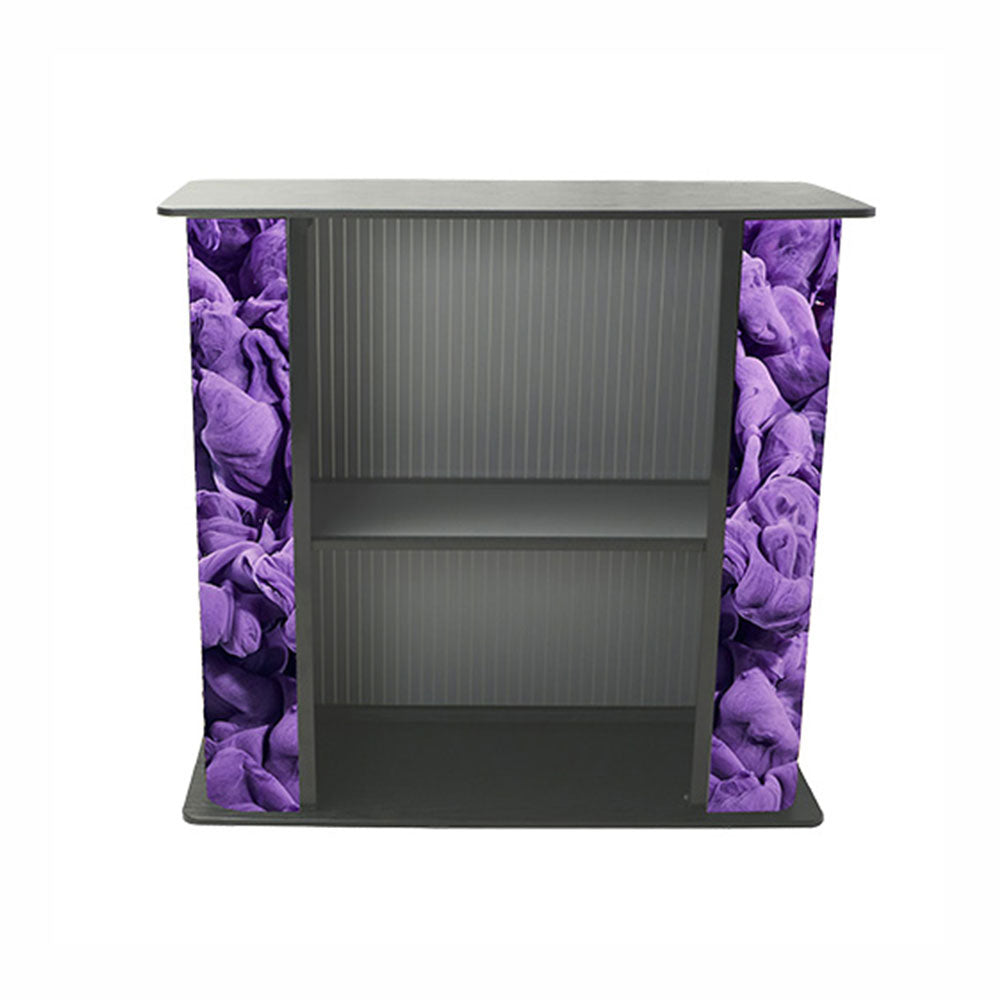 Versatile exhibition counter with built-in storage, reversible wooden top, and custom PVC printing included, 1000mm in width.
