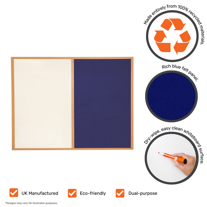 Combination board in a wood effect frame pairing a dry-wipe whiteboard with a blue felt pinboard, made from 100% recycled materials and UK manufactured.