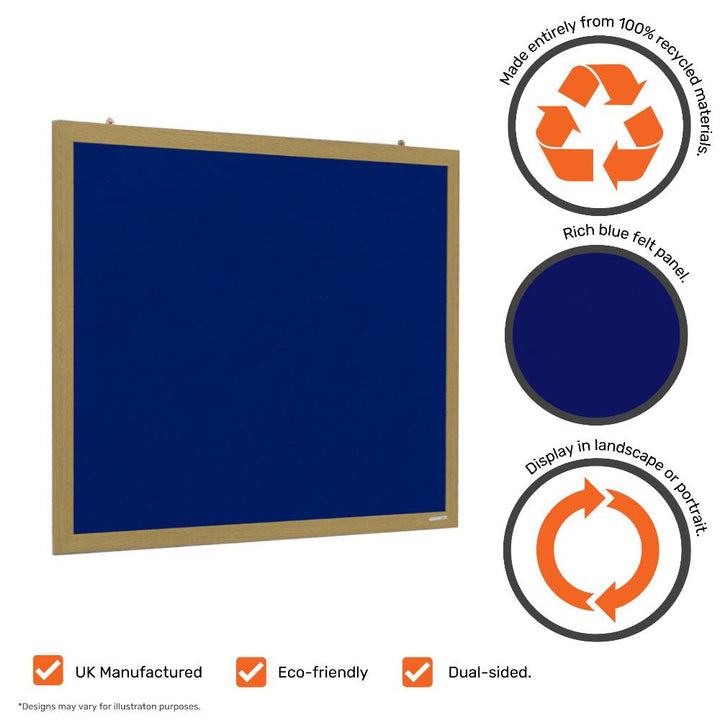 Feature panel stating the board is made entirely from recycled materials, has a rich blue felt panel, displays in landscape or portrait, UK made & eco-friendly.
