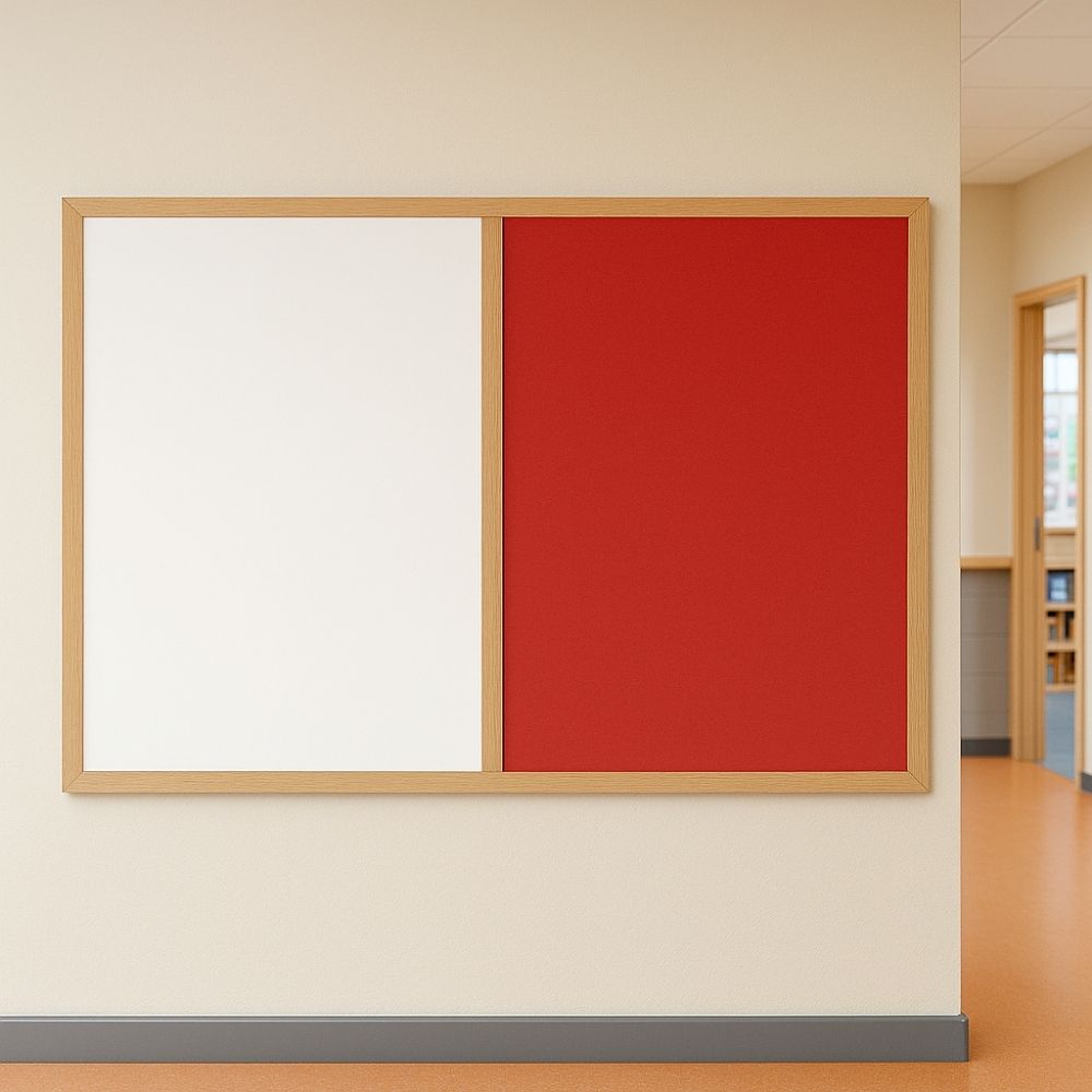 Wall-mounted combination board with a red felt noticeboard and white dry-wipe surface in a wooden frame, located in a bright primary school corridor with orange flooring and classroom entrances nearby.