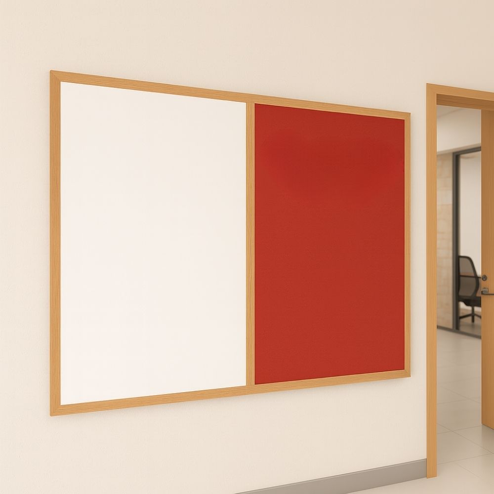 Dual-purpose wall-mounted board with a red felt noticeboard and white dry-wipe surface in a wooden frame, positioned next to an open office door in a bright, tiled hallway.