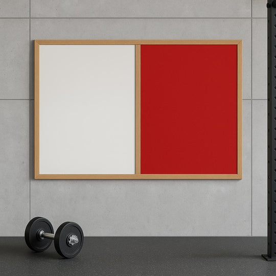 Eco-Friendly Combination Red Felt Noticeboard with Whiteboard and Wood Effect Frame - 600 x 900mm