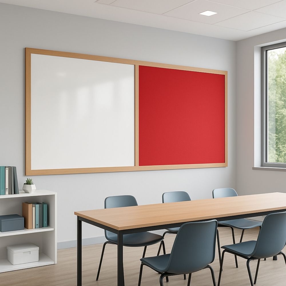 Dual-section noticeboard featuring a red felt pinboard and whiteboard panel within a wooden frame, mounted on a pale grey wall in a modern meeting room with a wooden table and blue chairs, noticeboard size approximately 1800mm x 900mm.

