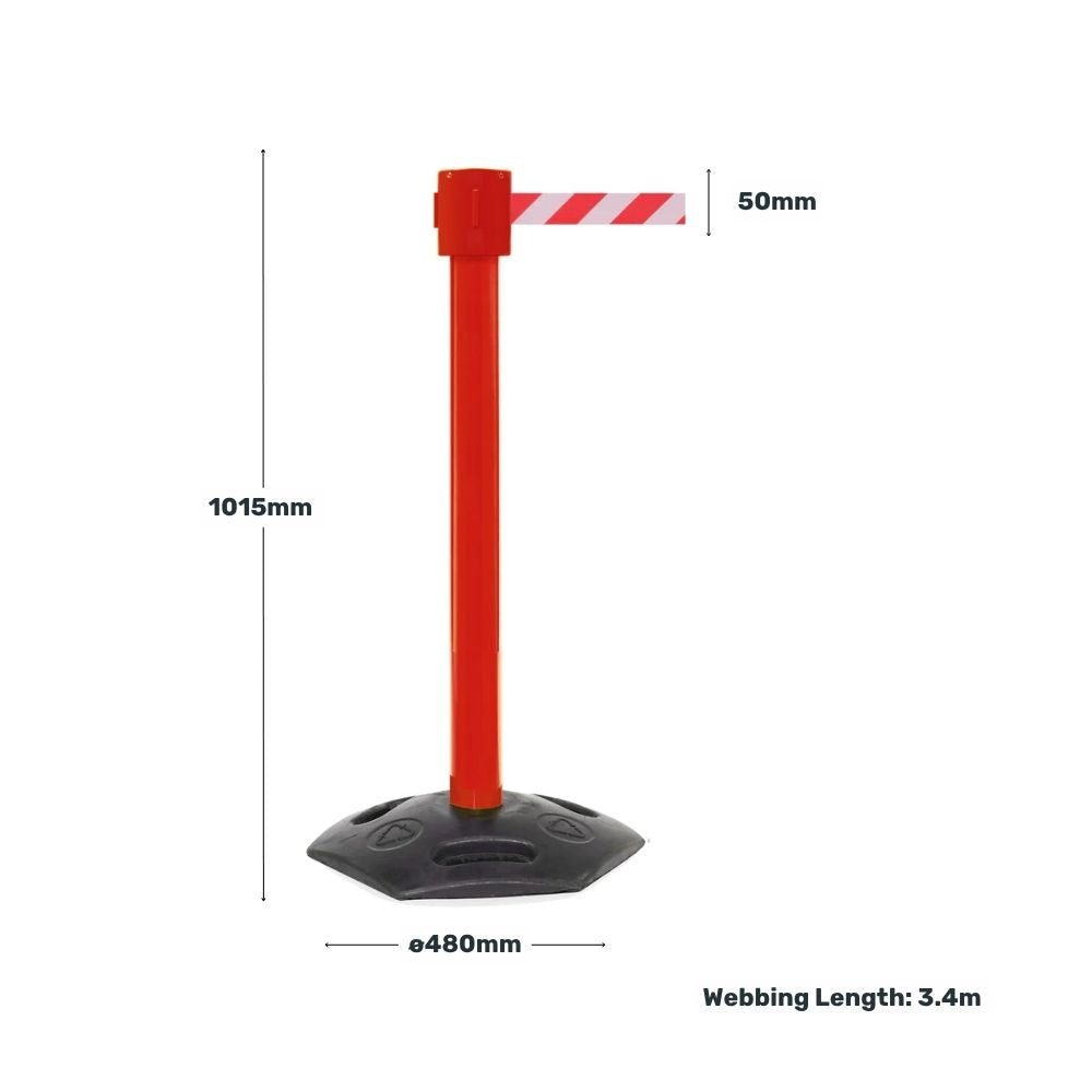 Red barrier post with a diagonal striped belt displaying its height, base diameter, and 3.4m webbing length measurements.