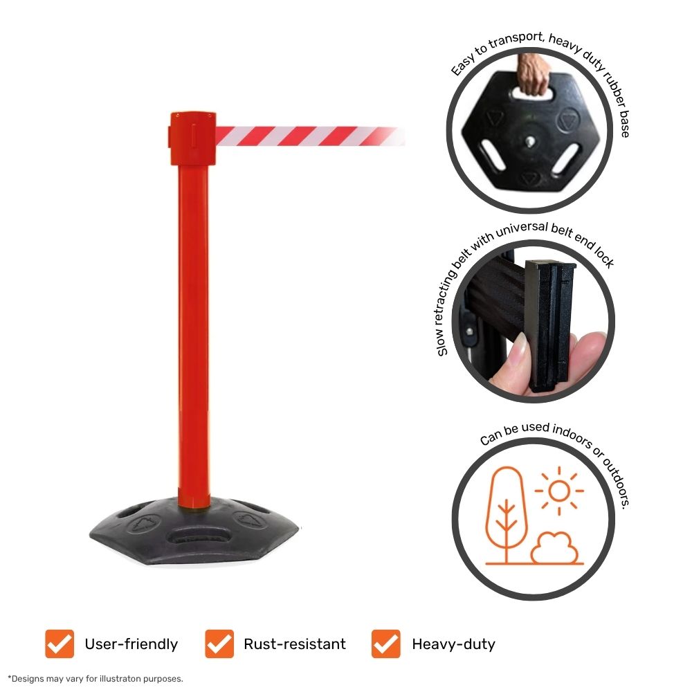 Red barrier post with diagonal striped belt showcasing features like heavy-duty rubber base, universal belt end lock, and suitability for indoor and outdoor use.