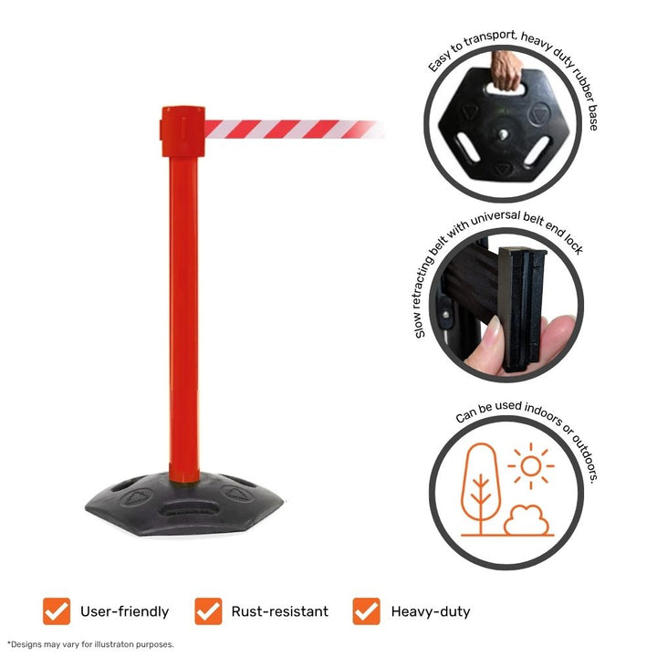 Red barrier post with diagonal striped belt showcasing features like heavy-duty rubber base, universal belt end lock, and suitability for indoor and outdoor use.