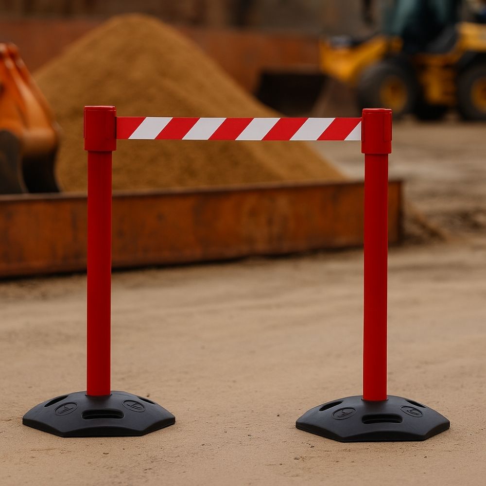 Red barrier post with a red and white diagonal striped retractable belt set on a construction site with sand piles in the background.
