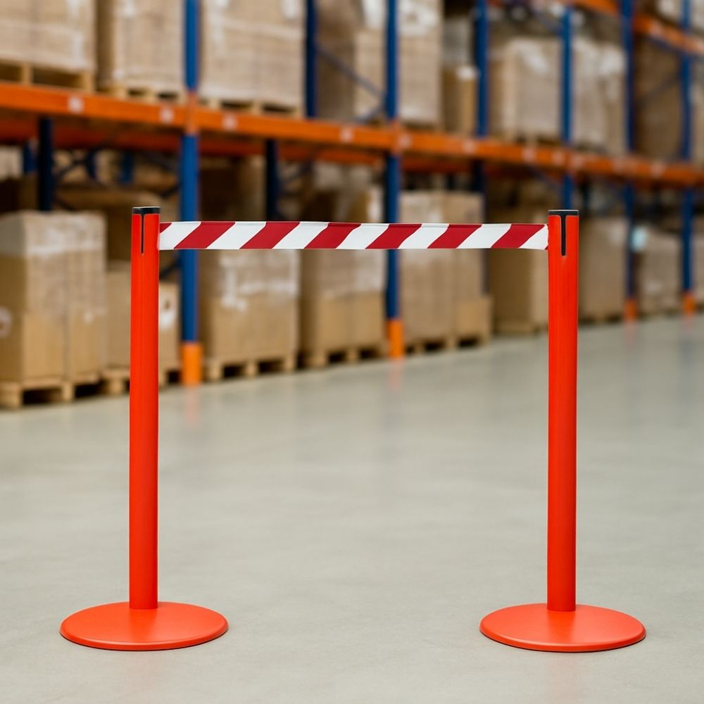 Two red safety barrier posts with red-and-white diagonal striped retractable webbing, positioned in front of pallet racking in a warehouse environment to restrict access.

