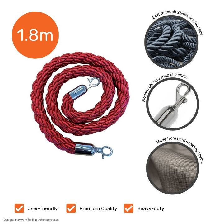 1.8m red braided barrier rope with chrome snap clip ends, 25mm soft-touch braid and durable rayon construction for heavy-duty use.