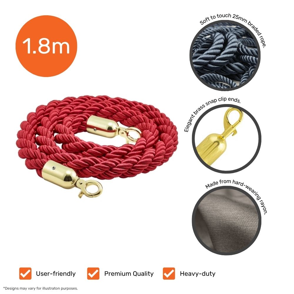 1.8m red braided barrier rope with gold snap clip ends, 25mm soft-touch braid and durable rayon construction for premium events.