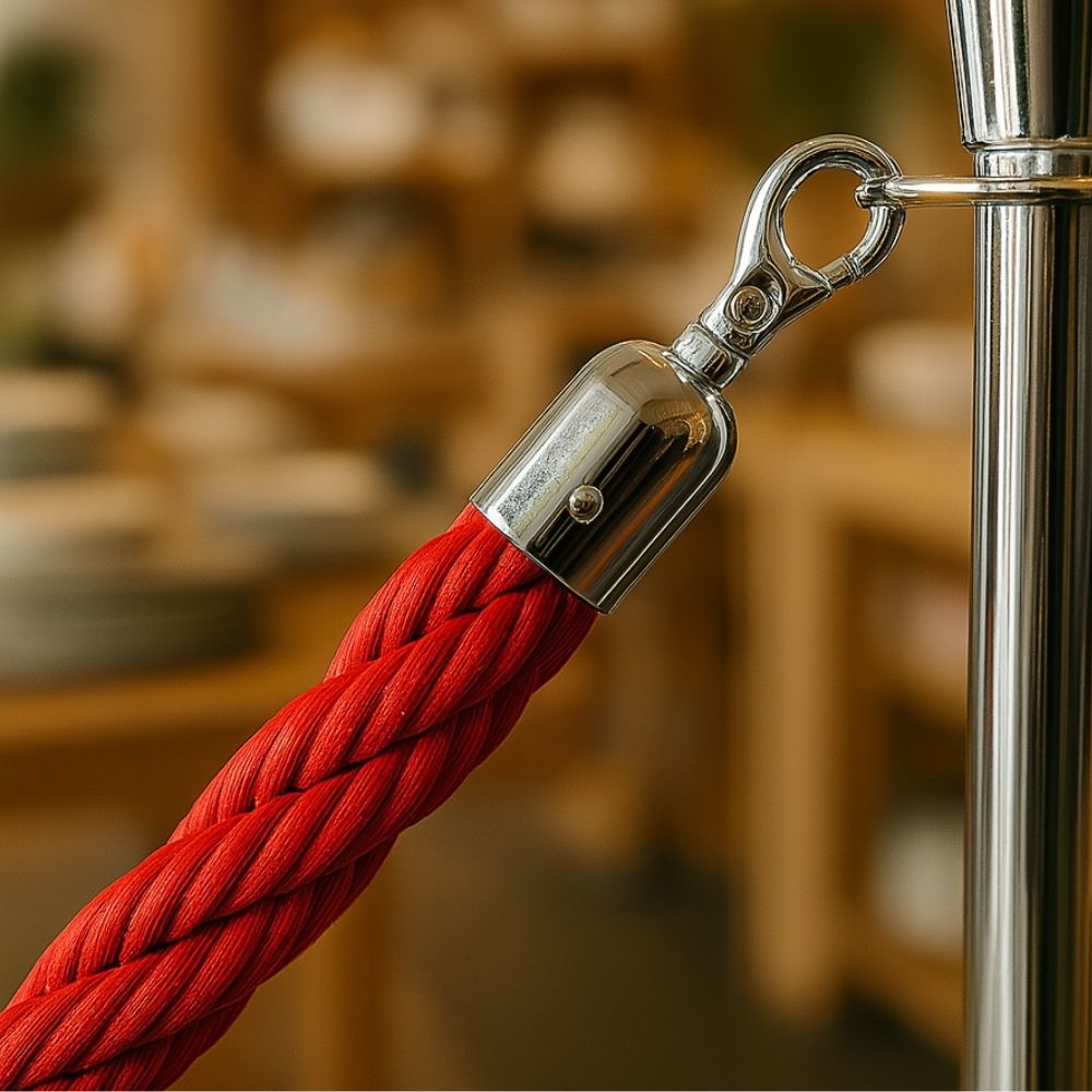 Close-up of a red braided barrier rope with a polished chrome snap hook attached to a silver stanchion in a retail setting.