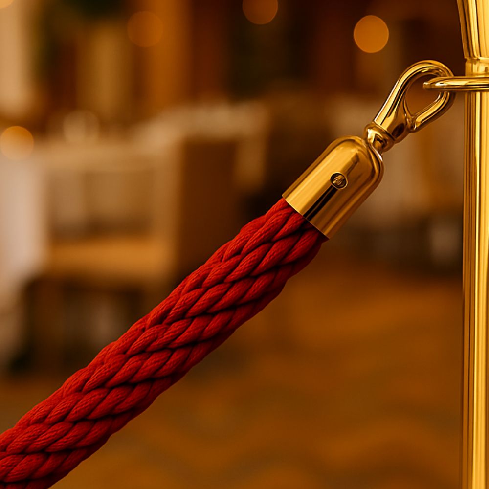 Close-up of a red braided barrier rope with a polished gold snap hook attached to a gold stanchion in a formal venue.