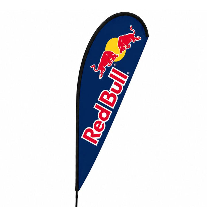 Blue Red Bull branded teardrop banner designed for motorsport events, outdoor promotions and high-visibility brand marketing displays.
