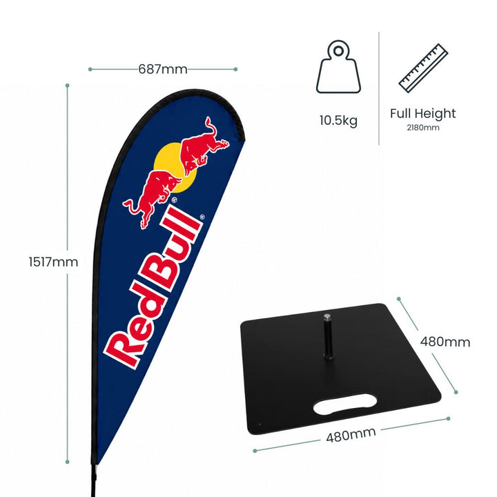 Specification image of Red Bull teardrop flag showing display dimensions, weighted indoor base and full 2180mm promotional banner height.