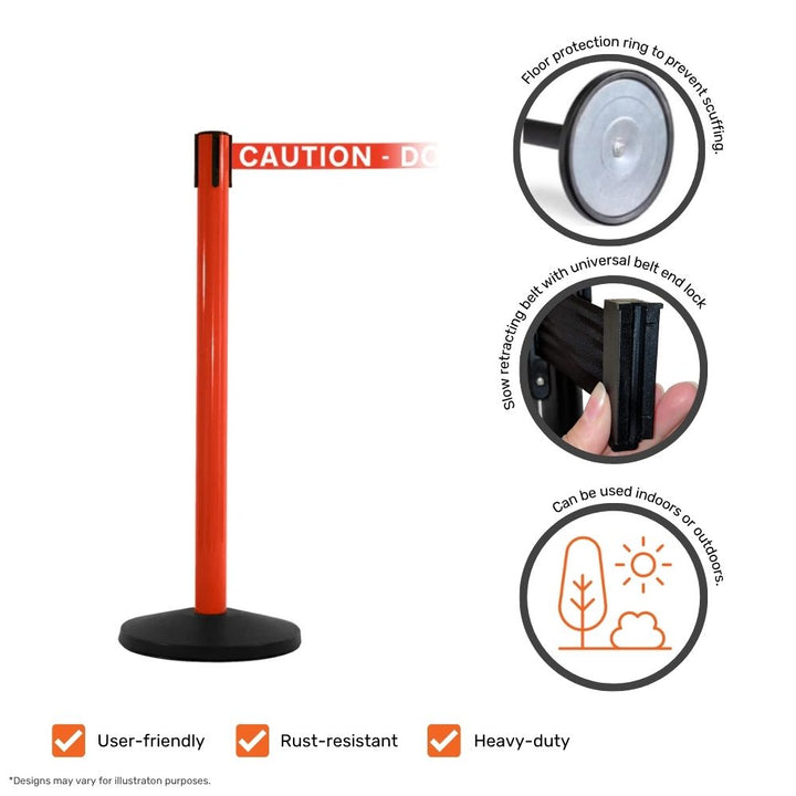 Red retractable barrier with “Caution – Do Not Enter” webbing, displaying product features including floor protection, universal belt end lock, and indoor-outdoor usability.