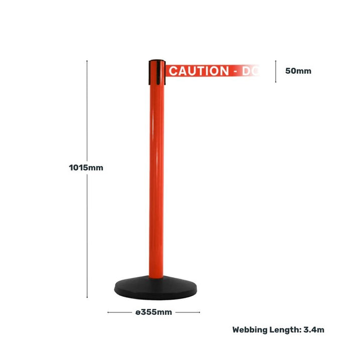 Red retractable barrier post with “Caution – Do Not Enter” webbing, showing dimensions such as height, belt width, base diameter, and webbing length.