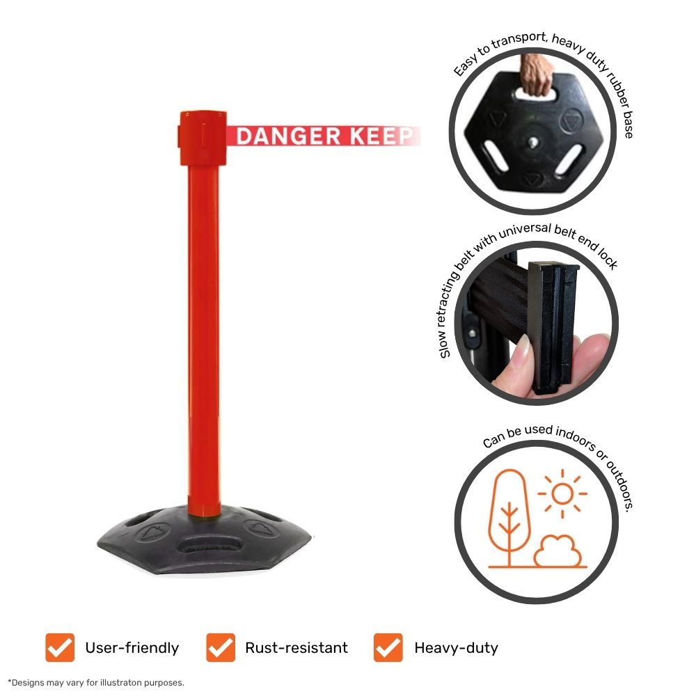 Red barrier post with "Danger - Keep Out" belt showing product features including a heavy-duty rubber base and universal belt end lock.