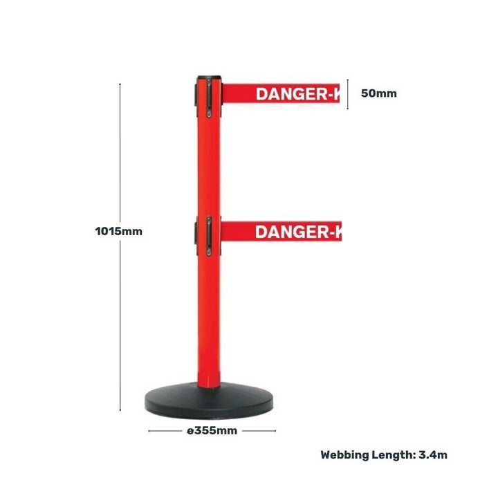Red retractable barrier with "Danger – Keep Out" belts, showing height, base diameter, belt width, and webbing length measurements.