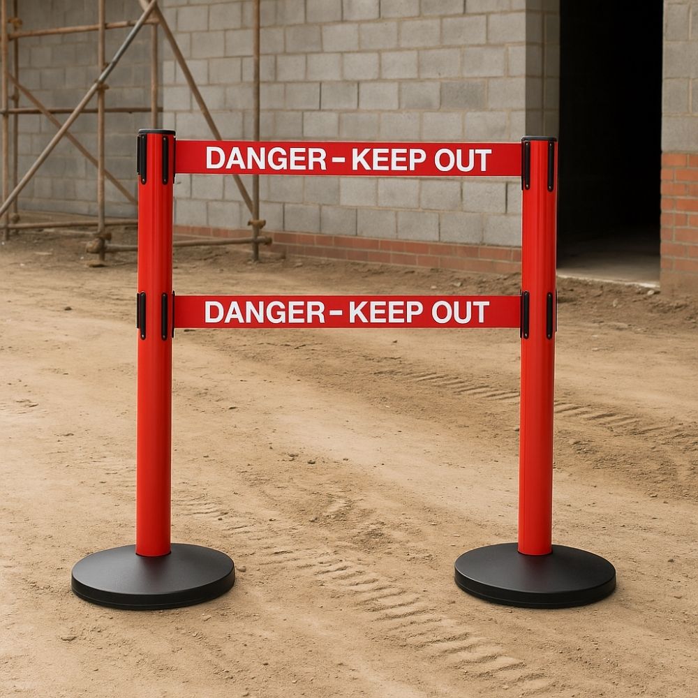 Red retractable safety barrier with "Danger – Keep Out" text, placed on a dirt ground at a construction site.