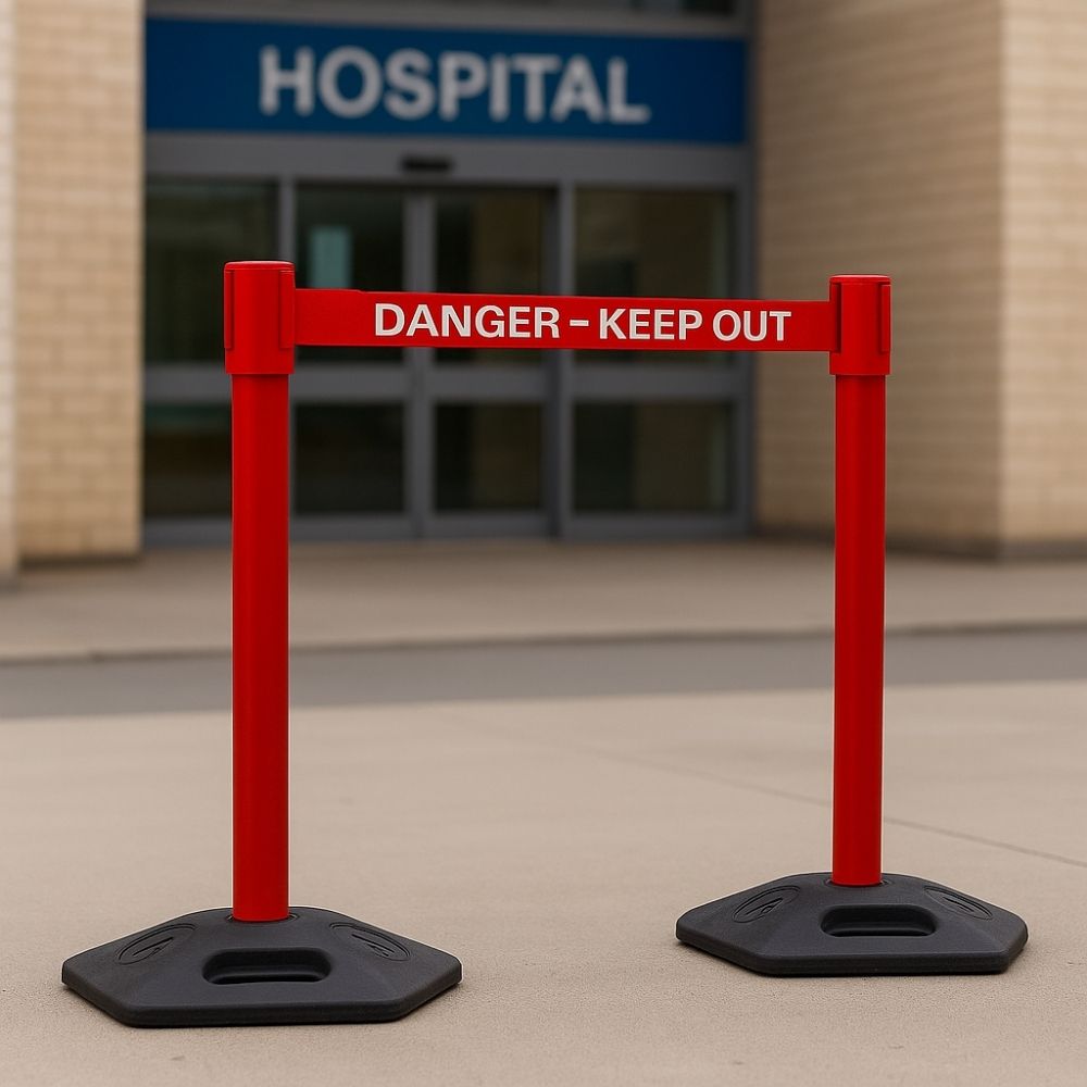 Red barrier post with "Danger - Keep Out" message positioned outside a hospital entrance for restricted access.